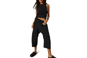Fisoew Women's Summer 2 Piece Outfits Sleeveless Tank Tops Wide Leg Pocketed Pants Workout Sweat Sets