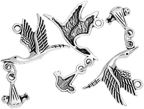 5 x Tibetan Silver Flying Stork & Baby Christening Charms Pendants Beads