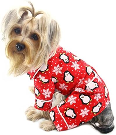 KlippoPenguins & Snowflake Flannel Dog Pajamas/Bodysuit/Loungewear - Red - Large
