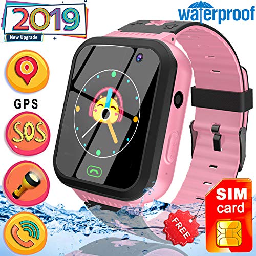 2019 Upgrade Kids Smart Watch Phone [Free SIM Card] GPS Tracker Watch-Waterproof 1.44" Touch Screen Kids Wristwatch with Anti-Lost SOS Voice Chat Flashlight Learning Games Toy for 4-12 Years Boy Girl