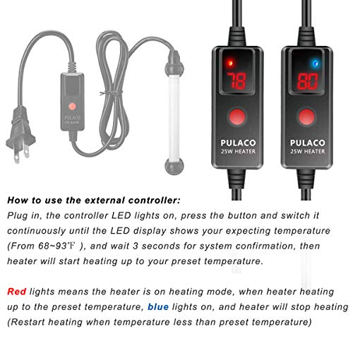 PULACO 50W Mini Aquarium Heater with External Controller & LED Temperature Display, Adjustable