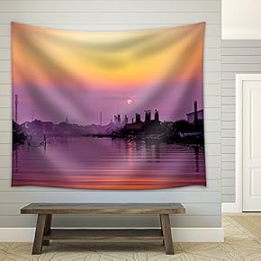 Countryside Houses with a River in The Sunset - Fabric Wall Tapestry Home Decor - 51x60 inches
