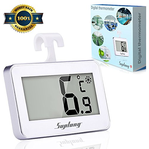 Suplong Digital Refrigerator/Freezer Room Thermometer Large LCD Display Big Digits Easy to Read With Frost Alert Magnetic Back Hanging Hook Retractable Stand -White (White)