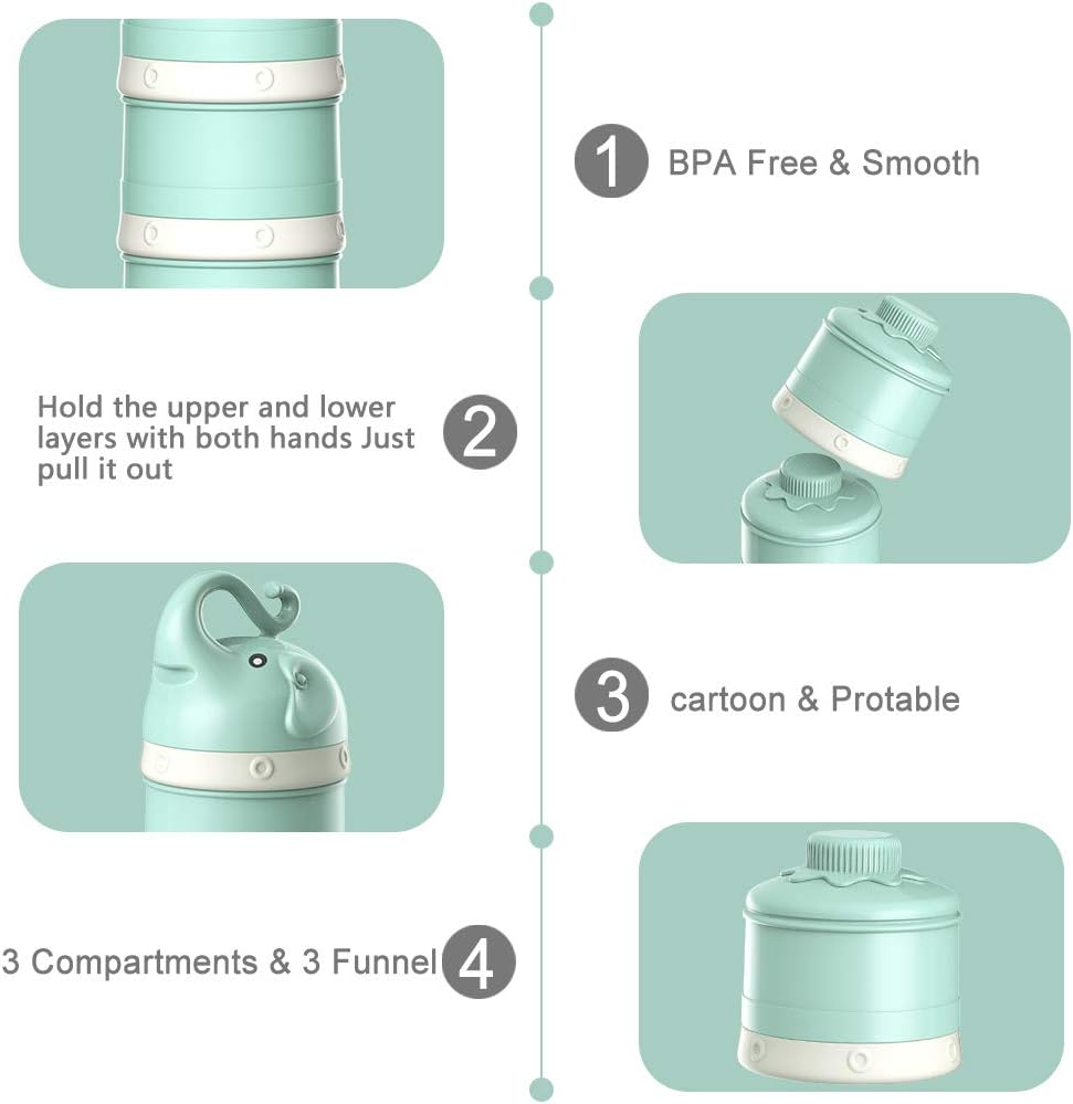 ORIY Baby Milk Powder Formula Dispenser,Large Capacity，Non-Spill Twist-Lock Stackable Milk Powder Formula Container and Snack Storage for Travel,Powder Leakage Free,BPA Free,3 Compartment，Green: Kitchen & Dining