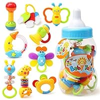 Tawcal Baby Rattles Teether Set, Shake Grasp Grab Hand Toy Sound Bell Toys Teething Toy Kit with Bottle Storage Early Educational Toys for Newborn Infant Boys Girls 9 Pieces