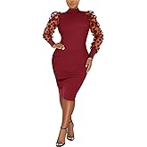 Annystore Women's Elegant Mock Neck Sheer Long Sleeve Mesh Bodycon Dress Ribbed Club Party Pencil Midi Dresses Clubwear