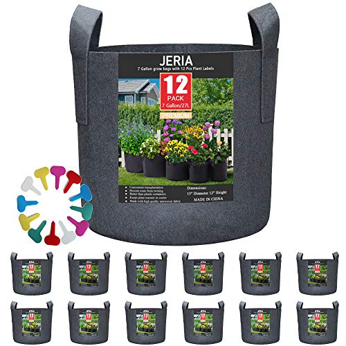 JERIA 12-Pack 7 Gallon, Vegetable/Flower/Plant Grow Bags, Aeration Fabric Pots with Handles (Black), Come with 12 Pcs Plant Labels
