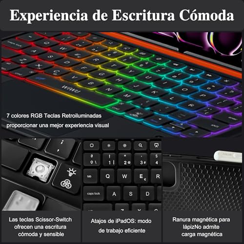 WIWU Keyboard Case for iPad Pro 13 M4/M5 2024/2025 Magnetic 3 in 1 Detachable Keyboard Case with Touchpad Adjustable Stand Backlit Keys 7 Colors (Black, iPad Pro 13"(M4/M5 2024/2025)