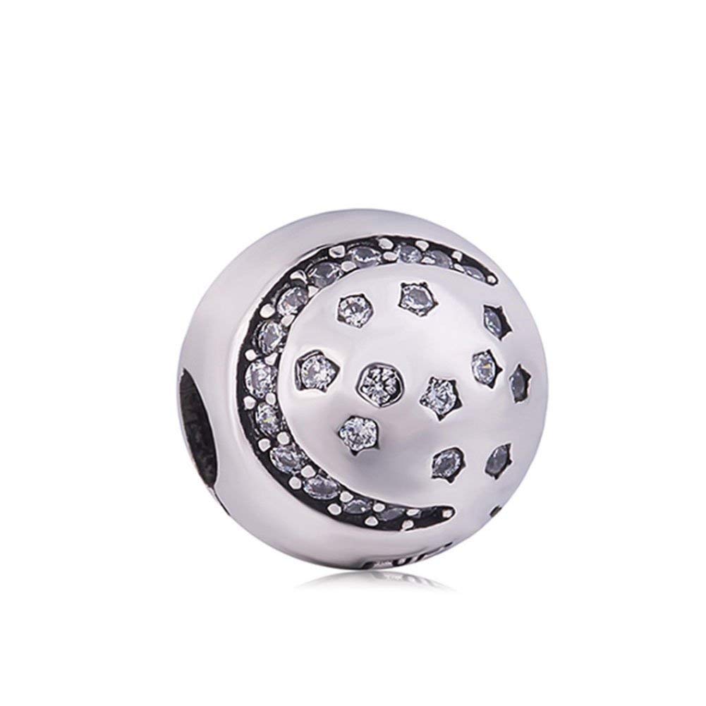925 Sterling Silver Clip Stopper Charm Lock Charm Spacer Charm Moon Charm Star Charm for Pandora Charm Bracelet (White)