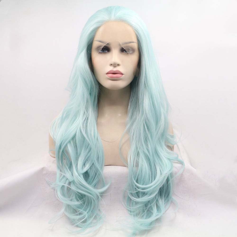 Xiweiya Wigs Light Blue Wig Long Body Wave Turquoise Synthetic Lace Front Wig Heat Resistant Fiber Middle Parting for Women Cosplay Makeup Party 24 Inches
