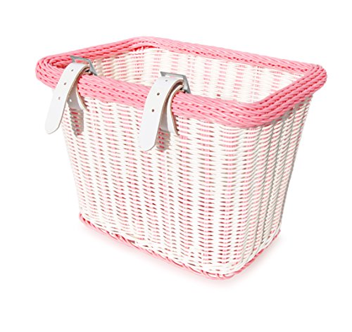 Colorbasket 00689 Rectangular Front Handle Bar Adult Bike Basket, All Weather, Water Resistant, Adjustable Leather Straps, Food-Contact Safe, White with Pink Trim