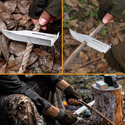 Flissa 2-piece Bowie Knife with Sheath, Fixed Blade Hunting Knife with Leather Handle for Outdoor, Camping, Survival, Hiking
