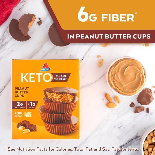 ATKINS KETO PEANUT BUTTER CUPS, NATURALLY FLAVORED, ZERO GRAMS ADDED SUGAR, GLUTEN FREE, 20 COUNT