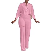 Ophestin Women 2 Piece Outfits Dressy Batwing Sleeve Button Down Crop Top Cut Out Wide Leg Pant Matching Tracksuit Sets