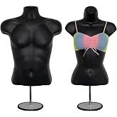 DisplayTown Male and Female Mannequin Torso with Metal Stand Hollow Back Body Stackable Dress Form for Tshirt Display, Countertop, Craft Shows, S-M Size (Black, Set of 1)