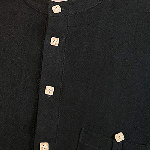 Men Linen and Cotton V Neck 3/4 Sleeve T Shirts Casual Tee Button Henley Shirts Summer Beach Top Blouse Black - Thumbnail 6