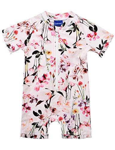 Cadocado Toddler Girl One Piece Zip Front Sunsuits UPF 50+ Sun Protection Rash Guard Beach Bathing Suit,Flower Print,6-9 Month