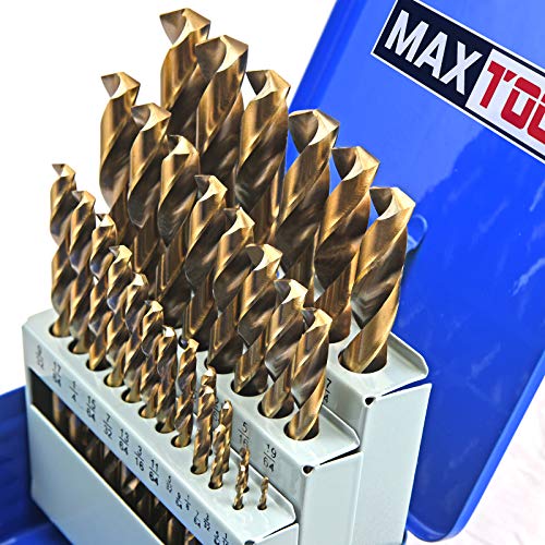 MaxTool 29 Piece Twist Jobber Length Drill Bit Set; 5% Cobalt High Speed Steel HSS M35; 135° Split Point Fully-Ground; JBS35G10R029