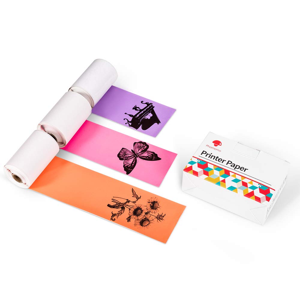 Phomemo Printer Sticker Paper for M02, M02Pro, M02S, M03, M04S, M04AS, M832, M833, M834 Portable Thermal Printer, Black Character on Purple/Rose Red/Orange, 50mm x 3.5m, 3-Rolls