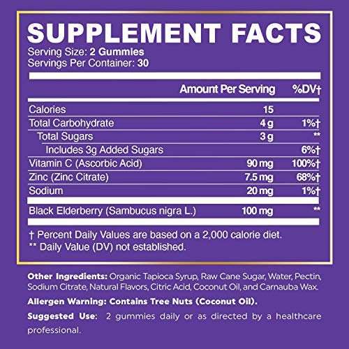 True Recovery Immune Support Elderberry Gummies with Vitamin C and Zinc - Immune System Booster - Antioxidant Flavonoids, Black Elderberry for Adults and Kids in 60 Delicious Gummies