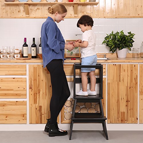 SDADI Kids Kitchen Step Stool with Safety Rail - for Toddlers 18 Months and Older, Black LT01B