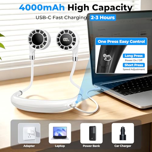 Silent Neck Fan, Portable Neck Fan 6 Speeds, 10000 RPM, 4000mAh Battery (5-16H), Neck Fan with Long Lasting Battery, Neck Fan for Men Women Amazon