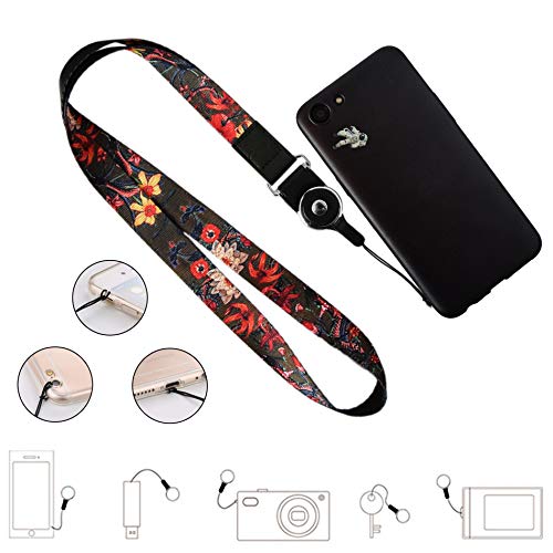Cell Phone Lanyard Detachable, Universal Phone Neck Strap, Soft Phone Lanyard Neck Strap Case Holder, Crimmy Smartphone Strap (Black Flower)