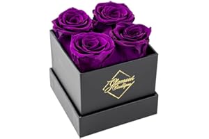 GLAMOUR BOUTIQUE Preserved Roses in a Box - 4 Roses Flowers Decor for Birthday Gift, Cased in A Square Gift Box with Lid, 4” x 4” x 5, Purple