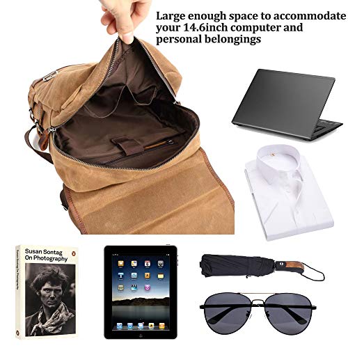 Sunsomen Men's Leather Waxed Canvas Vintage Laptop Backpack Campus Bag