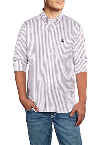 Psycho Bunny Men's Long-Sleeve Striped Sport Shirt-White/Pink-Medium