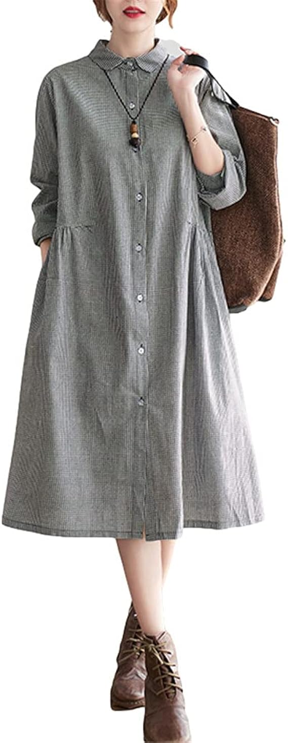 Amazon Co Jp ミートン レディース ロング シャツ ブラウス ワンピース カーディガン 秋冬 長袖 綿麻 ストライプ ゆったり カジュアル 服 ファッション小物