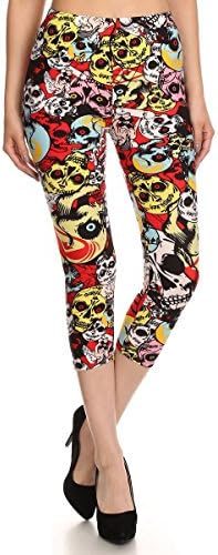 Expert Design Women's Regular Red Eye Skulls Cropped Printed Capri Leggings - Red Yellow