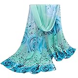 Perman Fashion Women Beautiful Rose Pattern Chiffon Shawl Wrap Stole Scarf Scarves (Blue)