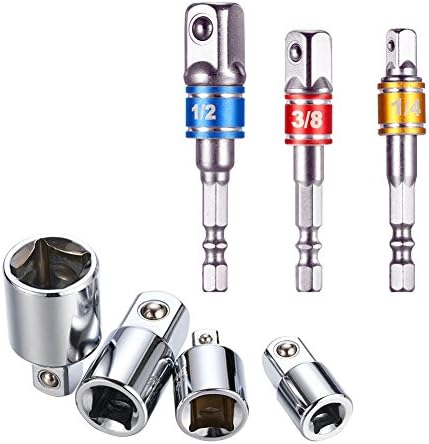 Sokam 3Pcs 1/4 Hex Shank to 1/4" 3/8" 1/2" Metal Impact Driver Drill Power Bits and 4Pcs 1/4 3/8 1/2 Drive Socket Adapter Converter Reducer Air Impact Craftsman Socket Wrench Adapter Hand Tools Set