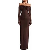 Off Shoulder Long Sleeve Bodycon Maxi Dress Mesh Twist Ruched Wedding Guest Formal Party Fall Dresses for Women