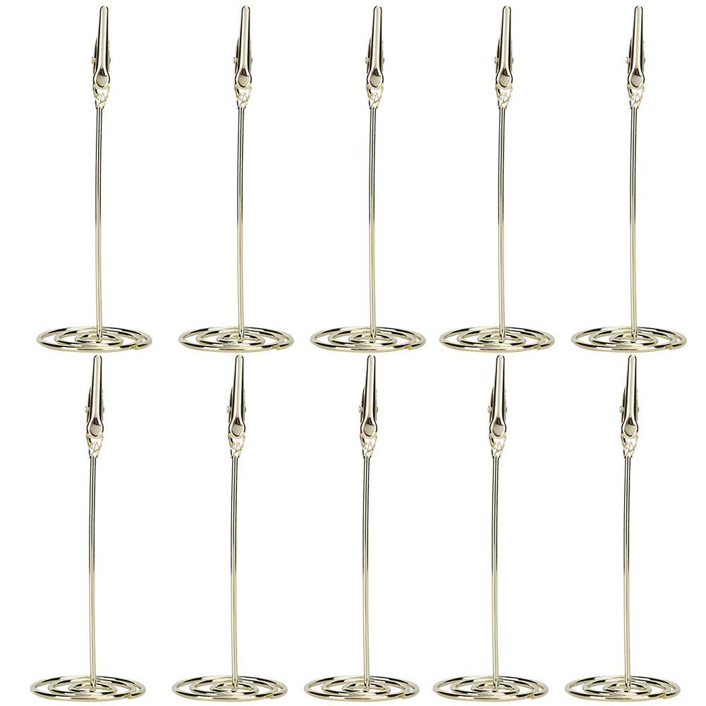 10Pcs 4.5in Tall Table Number Holders,Wedding Table Name Card Holder Clips,Metal Photo Picture Memo Holder,with Practical Round Base(Gold)