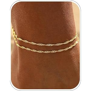 JECOMY Gold Anklets for Women Waterproof, 14K Gold Plated Cuban Link Twist Figaro Beaded Stackable Anklet Bracelets Minimalis