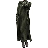 Women's Winter Fleece Lace Long Sleeve Split Maxi Dress Casual Loose Crewneck Long Sweater Dress with Pockets