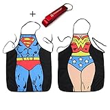 FASHION ALICE 2PCS Superman Wonder Woman Upgrade Thicker Cartoon Hero Couple Kitchen BBQ Apron Funny Personality Sexy Originality Cooking Aprons Gift for Men and Women,Including Key Ring Bottle Opener