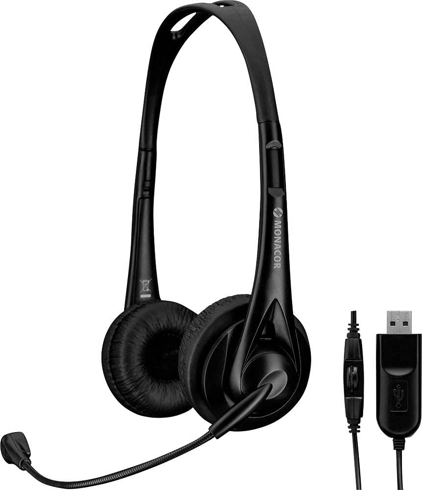 Monacor BH-010USB Professional Stereo Headphones with Electret Headband Microphone - Black