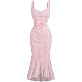 GORGLITTER Women's Lace Bodycon Fishtail Midi Dress Graduation Prom Wedding Guest Y2K Ruched Asymmetrical Summer Dress