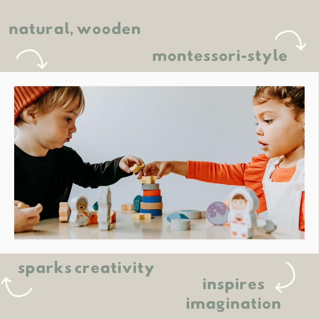 Toddler 30 Piece Stacking Wood Blocks Space Gift - Montessori 2 Year Old Fine Motor Skills Toy Learning Stacking Shape Sorter Sensory Preschool Busy Journey to the Moon (Block Set, Wood)