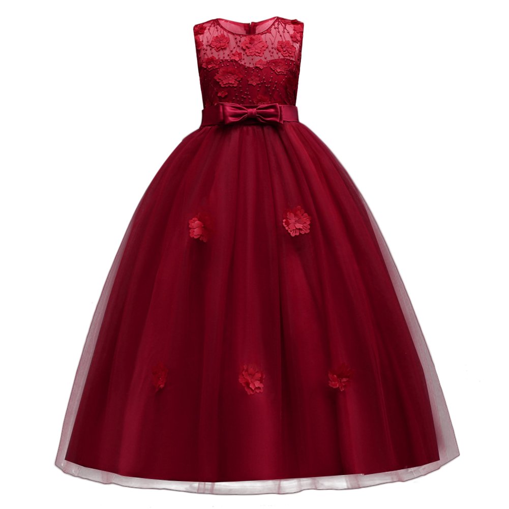 Photo 1 of Little Big Girls’Tulle Retro Vintage Dresses Flower Lace Pageant Party Wedding Bridesmaid Floor Length Dance Evening Gowns Burgundy 5-6 Years