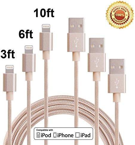 Red Gem 3Pack 3FT 6FT 10FT Extra Long Nylon Braided 8Pin to USB Power Cable Cord with Aluminum Heads for iPhone 6/6s/6 Plus/6s Plus/5/5c/5s, iPad 4 Mini Air iPod Nano 7 iPod Touch 5 (Gold)