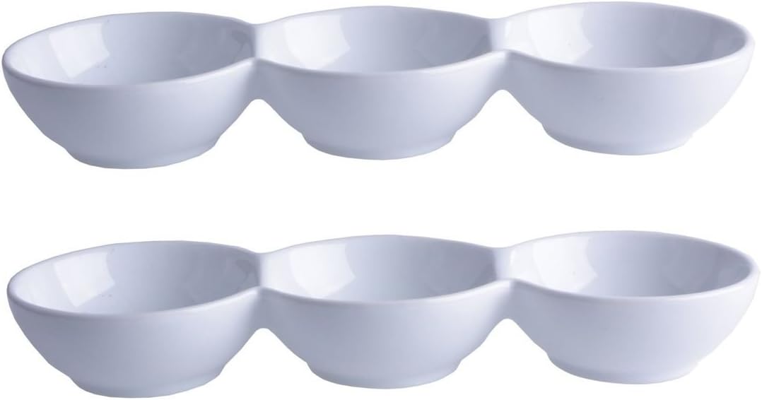 Trento White Ceramic 3 Compartment Snack Sweet Nuts Serving Plate Dish (Set of 2)