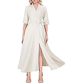 Mingyuezai Women's Linen Wrap Dress V-Neck Lace Up Half Sleeve Maxi Dress