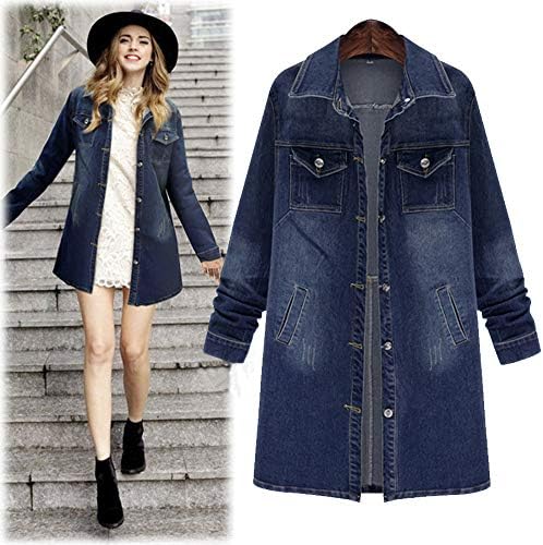 Zainafacai Coat Women's Basic High Street Denim Jacket Long Loose Boyfriend Outwear (Blue,S-5XL)