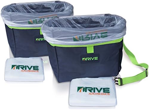 Drive Auto Products Car Trash Can, Green (2-Pack) Best Garbage Bag for Litter, Free Waste Basket Liners - Hanging Recycle Kit is Universal & Waterproof, Versatile Drink Cooler or Road Trip Bundle