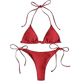 ZAFUL Women's Smocked Triangle Bikini Set Halter String Textured Swimwear Cheeky Thong Two Piece Swimsuits