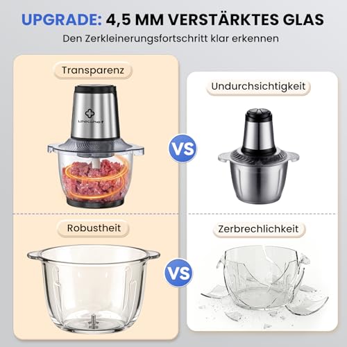 LINKChef Electric Chopper 1.5 L Glass Container, 2 Levels, 3 Stainless Steel Blades - Universal Chopper for Meat, Vegetables, Nuts & Baby Food